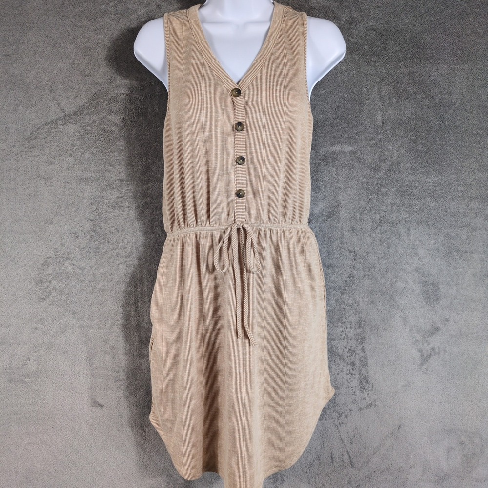 Gilli Womens Tan Ribbed Sleeveless Drawstring Waist Dress Size M NWT